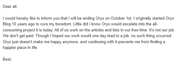 Oryx's blog will end on Oct. 1st